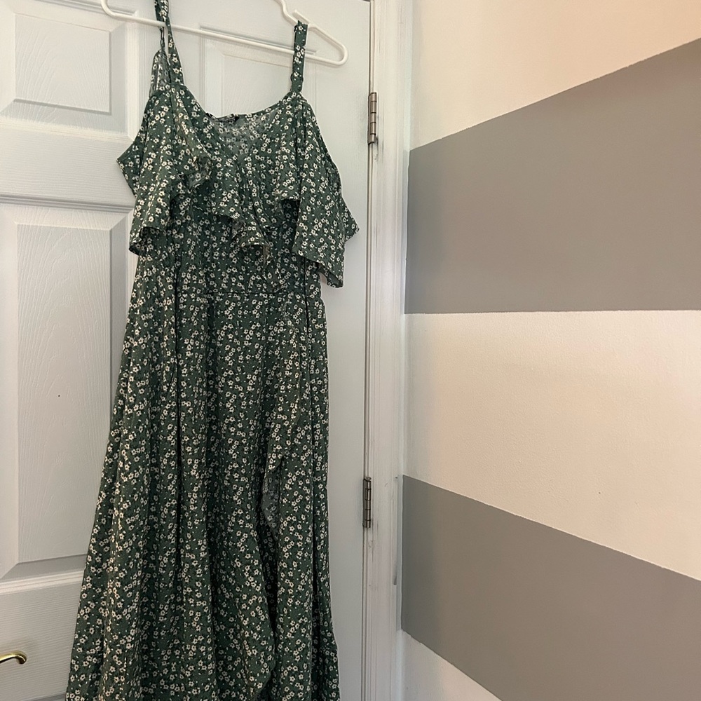 Floral green pocket Wrap ruffle dress with cold shoulder sleeve